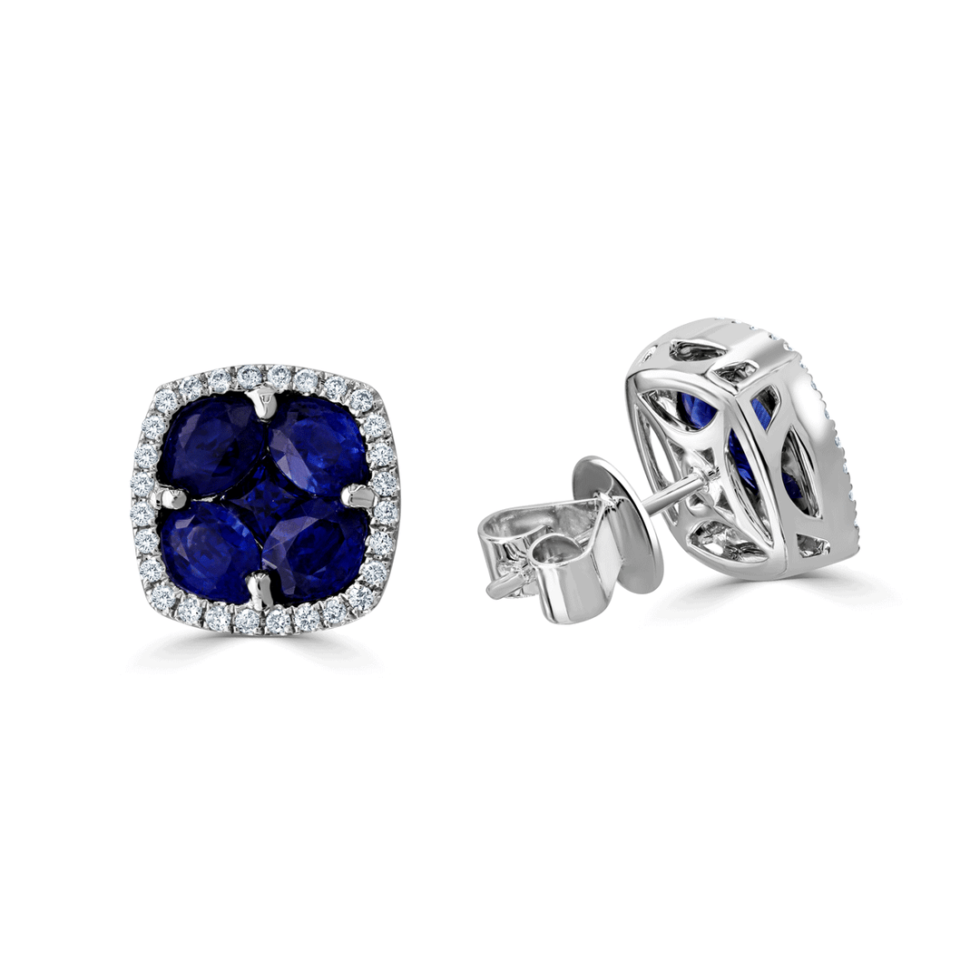 18k Gold 2.85 Total Weight Sapphire and Diamond Cushion Shape Studs