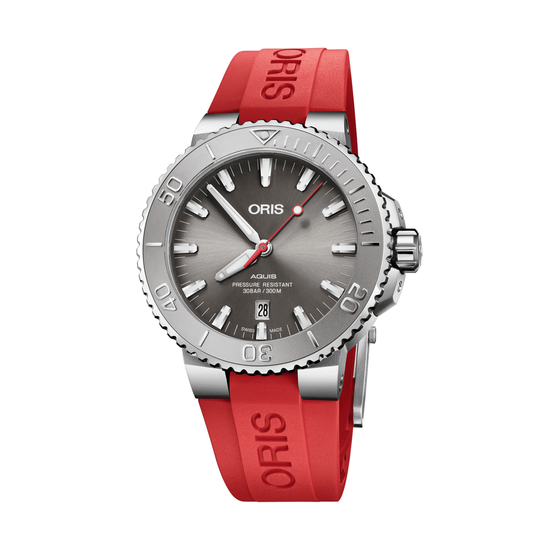 Oris Aquis Date Relief Stainless Steel 43.50mm Grey Dial Red Rubber Strap