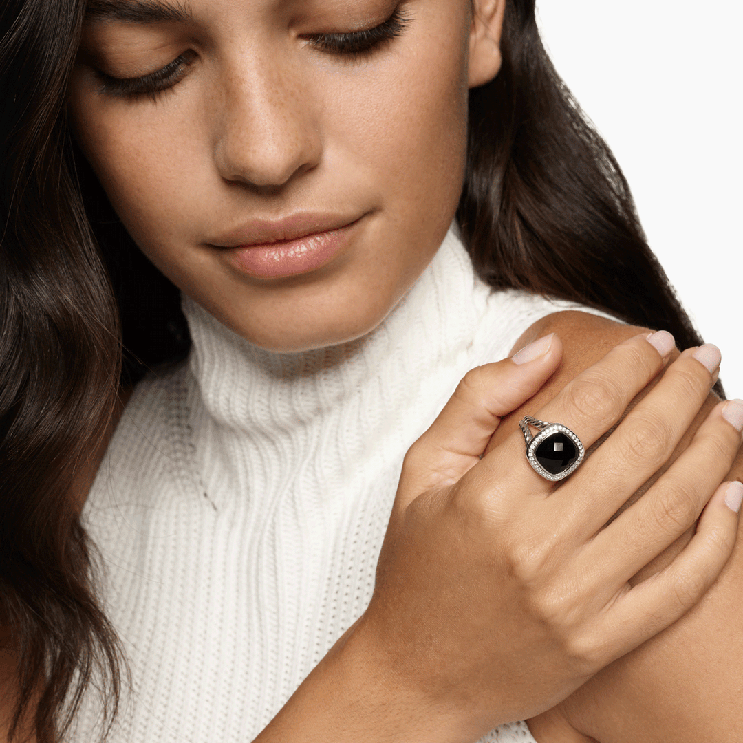 David Yurman Albion Ring Sterling Silver with Black Onyx and Diamonds, 11mm