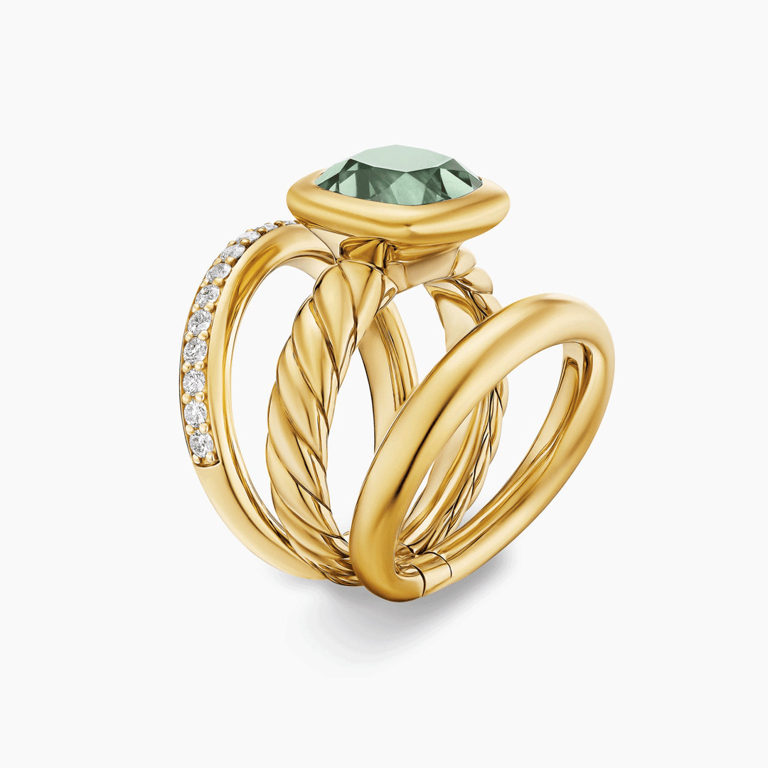 David Yurman Mercer Three Row Stone Ring 18k Yellow Gold with Prasiolite and Diamonds, 12mm