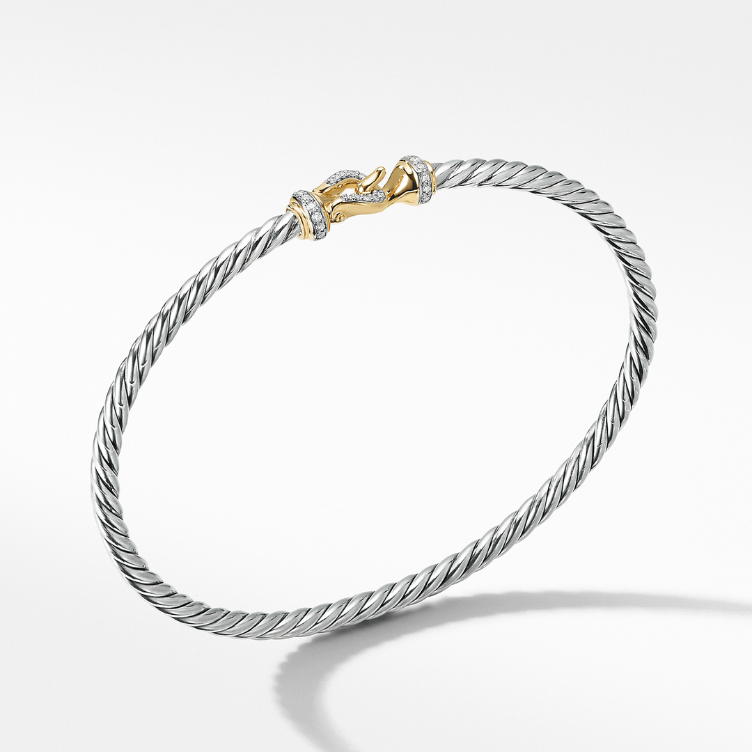 David Yurman Buckle Classic Cable Bracelet Sterling Silver with 18k Yellow Gold and Diamonds, 3mm