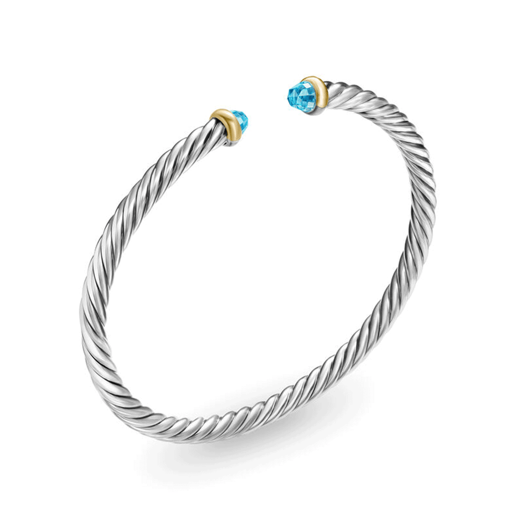 David Yurman Cable Flex Bracelet Sterling Silver with 14k Yellow Gold and Blue Topaz, 4mm