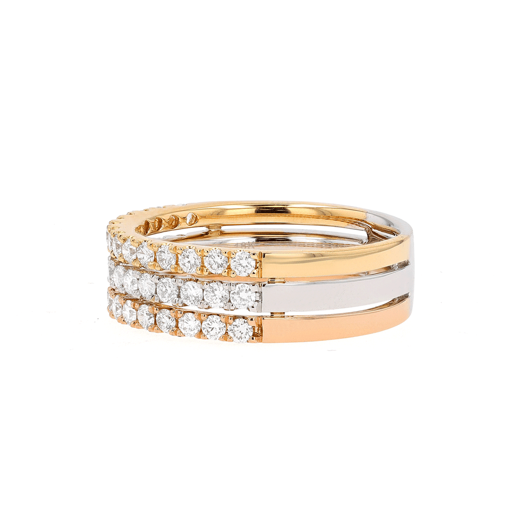 18k Yellow White and Rose Gold Diamond .69 Total Weight Three Row Band