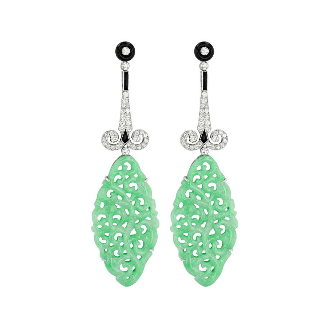 Hamilton Heritage Collection Platinum Carved Jade and Diamond Earrings