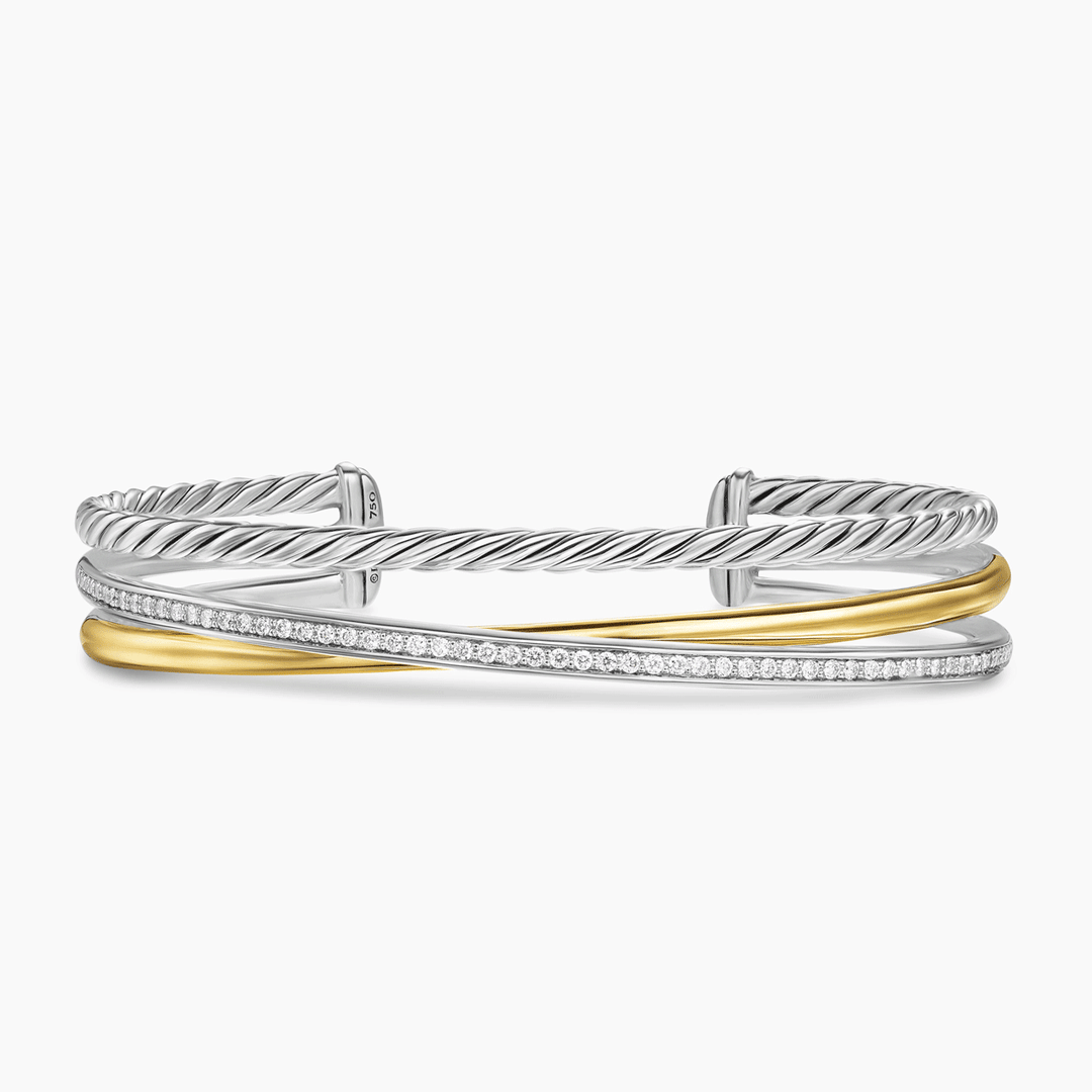 David Yurman Crossover Three Row Bracelet Sterling Silver with 18k Yellow Gold and Diamonds, 11mm