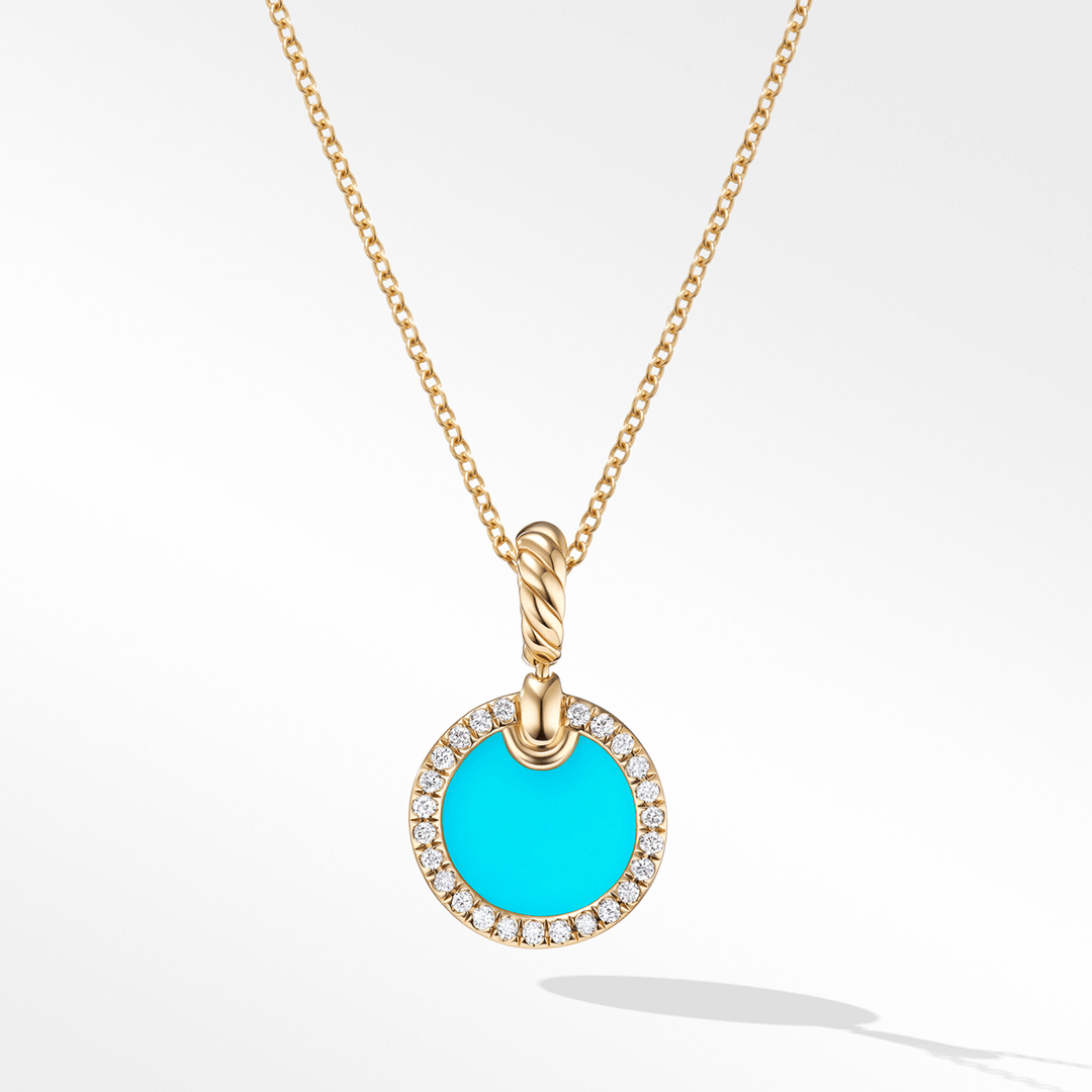 David Yurman Petite Elements Pendant Necklace 18K Yellow Gold with Turquoise and Diamonds, 17.8mm