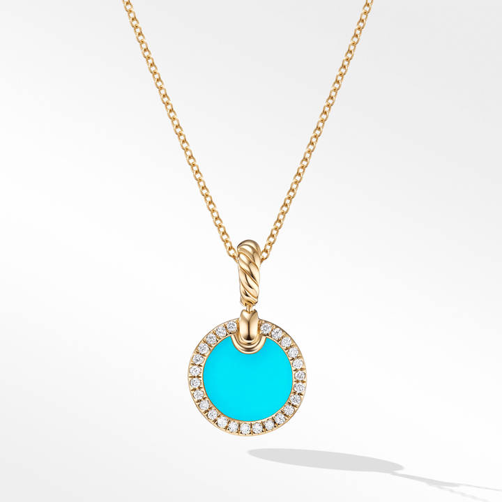 David Yurman Petite Elements Pendant Necklace 18K Yellow Gold with Turquoise and Diamonds, 17.8mm