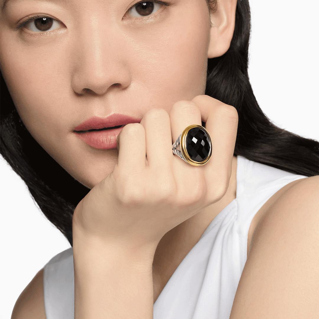 David Yurman Albion® Oval Ring Sterling Silver with 18k Yellow Gold and Black Onyx, 21mm