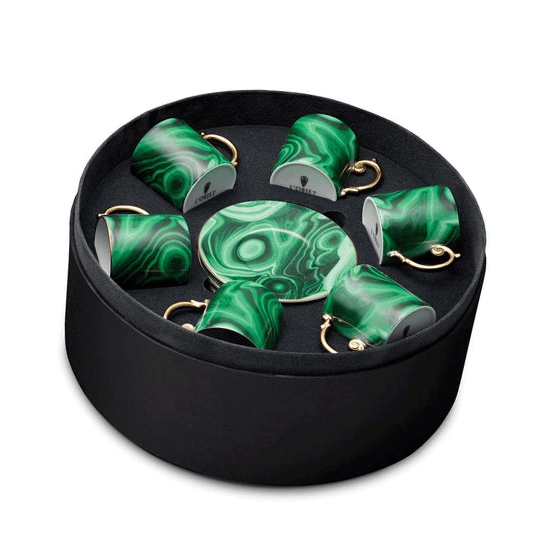 L'Objet Malachite Espresso Cups and Saucers Set of 6