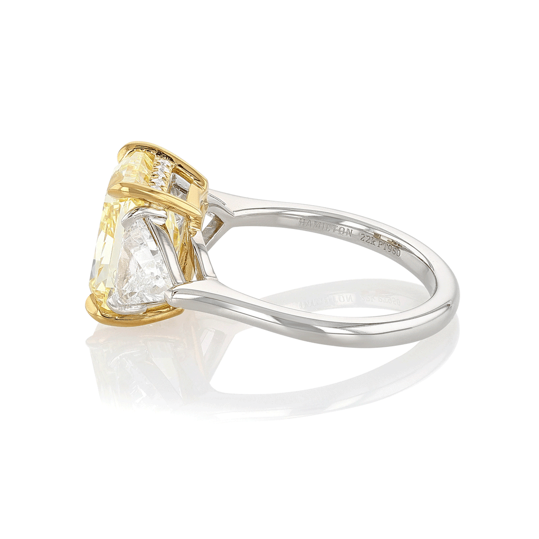 Hamilton Silhouette Collection Platinum and 4.61 Total Weight Fancy Yellow Radiant Cut Diamond Engagement Three Stone Ring