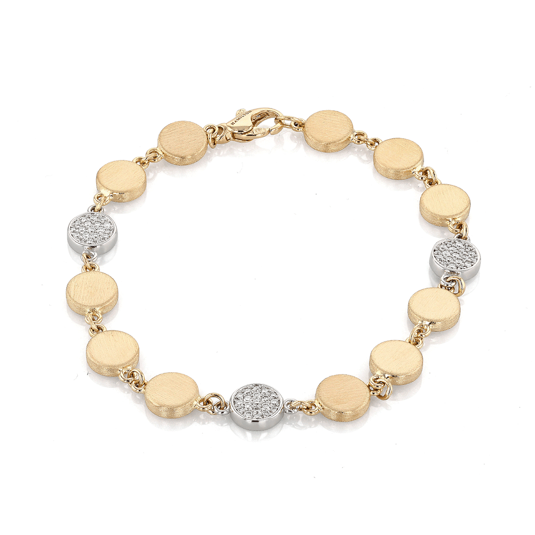 14k Yellow and White Gold and .88 Total Weight Diamond Satin Disc Bracelet