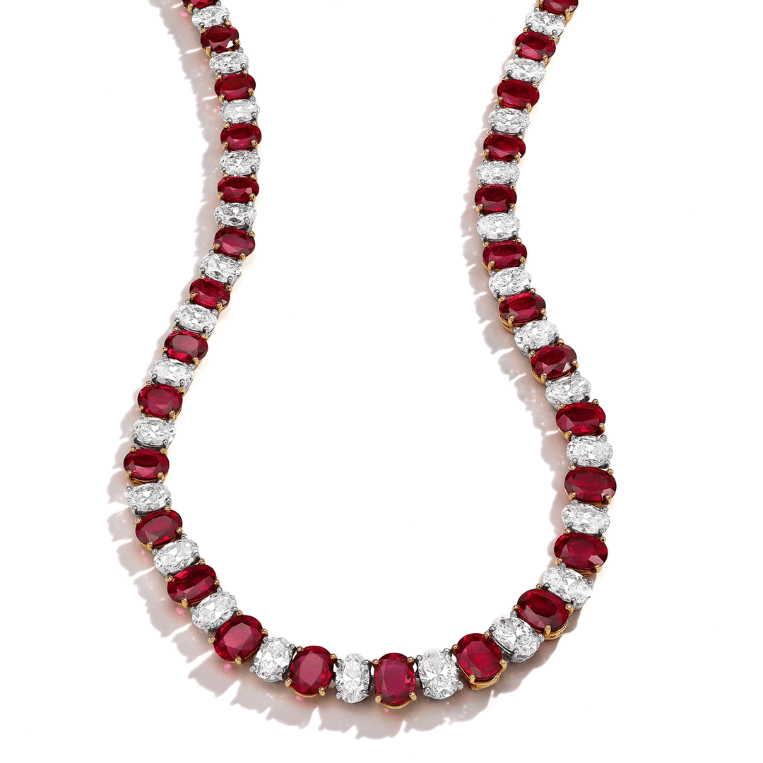 Private Reserve Oval Ruby 35.85 Total Weight and Diamond Necklace