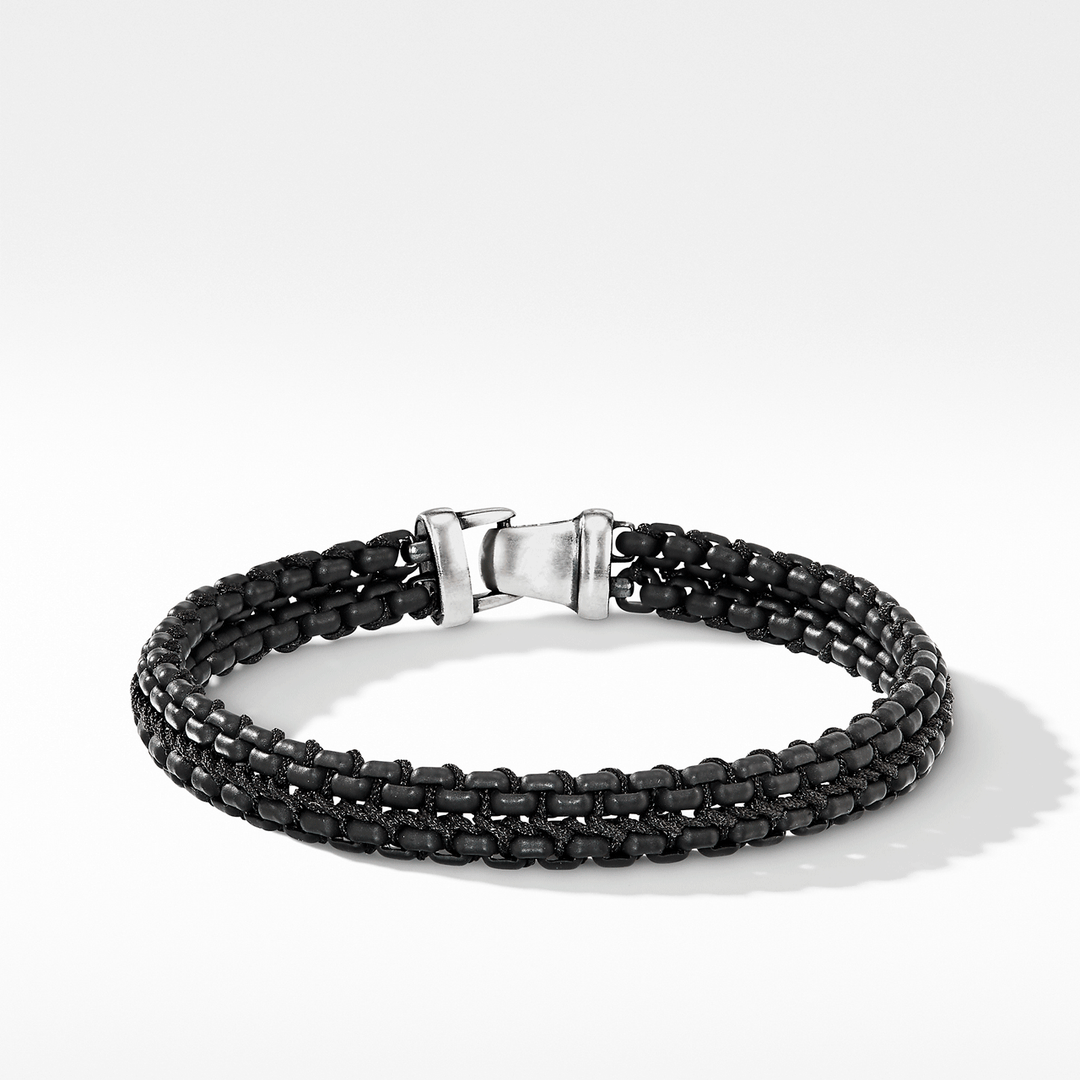 David Yurman Woven Box Chain Bracelet Sterling Silver with Black Stainless Steel and Black Nylon, 10mm