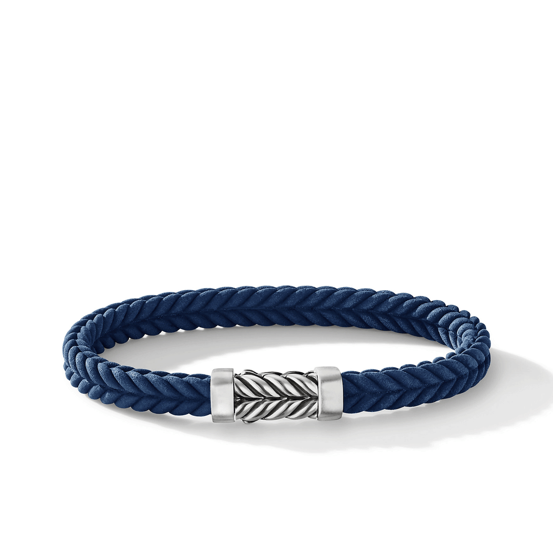 David Yurman Chevron Bracelet Blue Rubber with Sterling Silver, 6mm