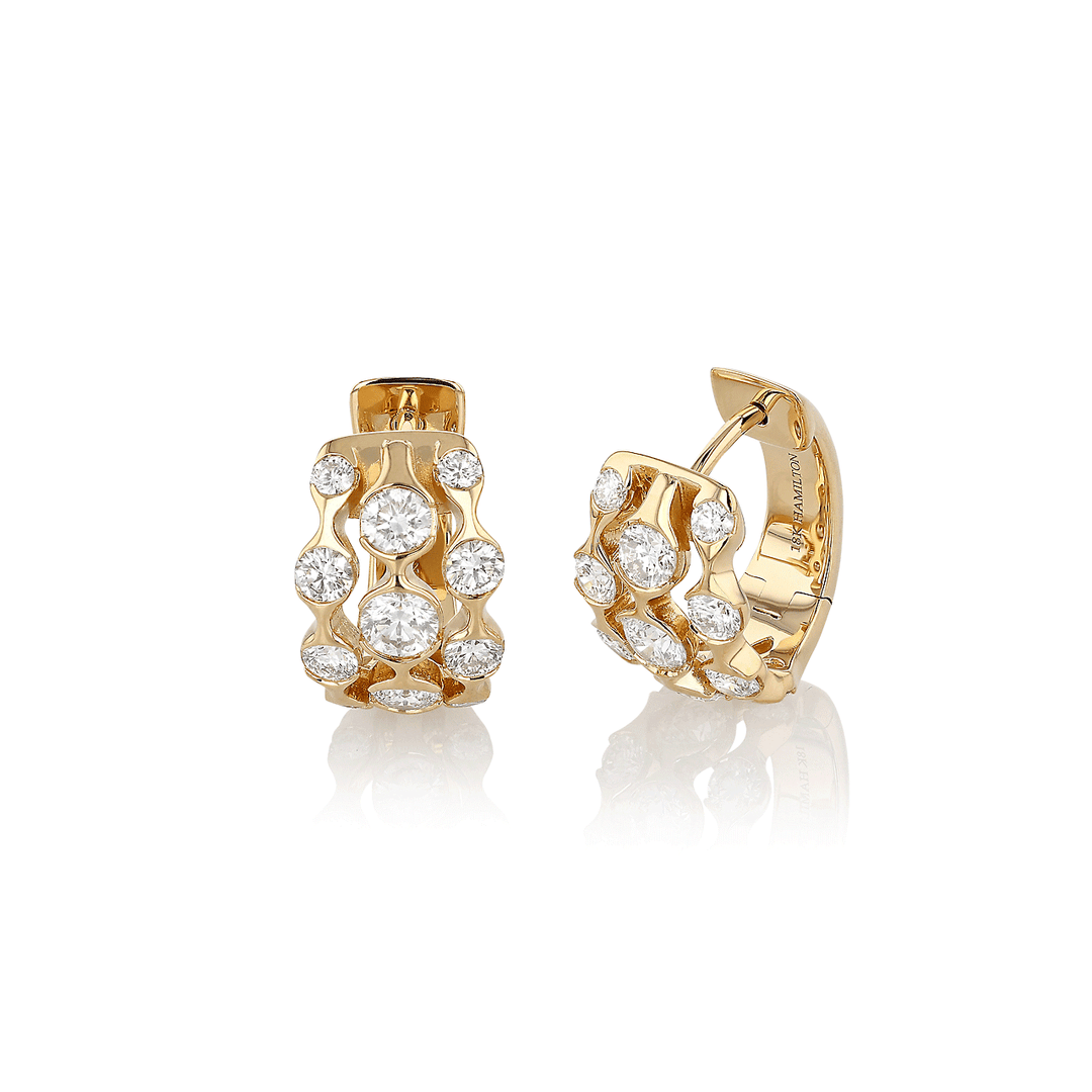 Wave Three Row 18k Yellow Gold and 1.20 Total Weight Diamond Huggie Earrings