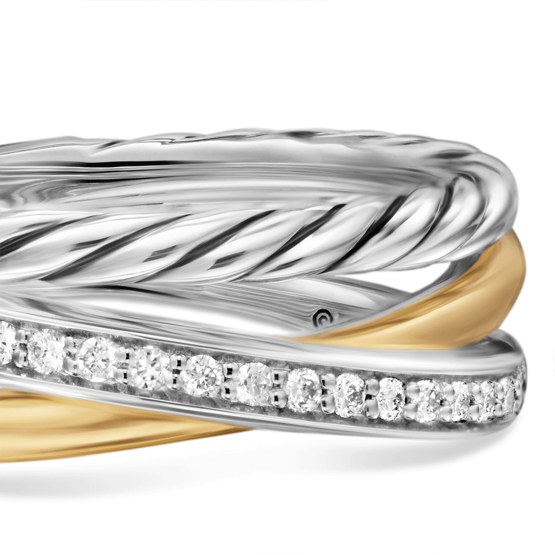 David Yurman Crossover Three Row Ring Sterling Silver with 18k Yellow Gold and Diamonds, 7mm