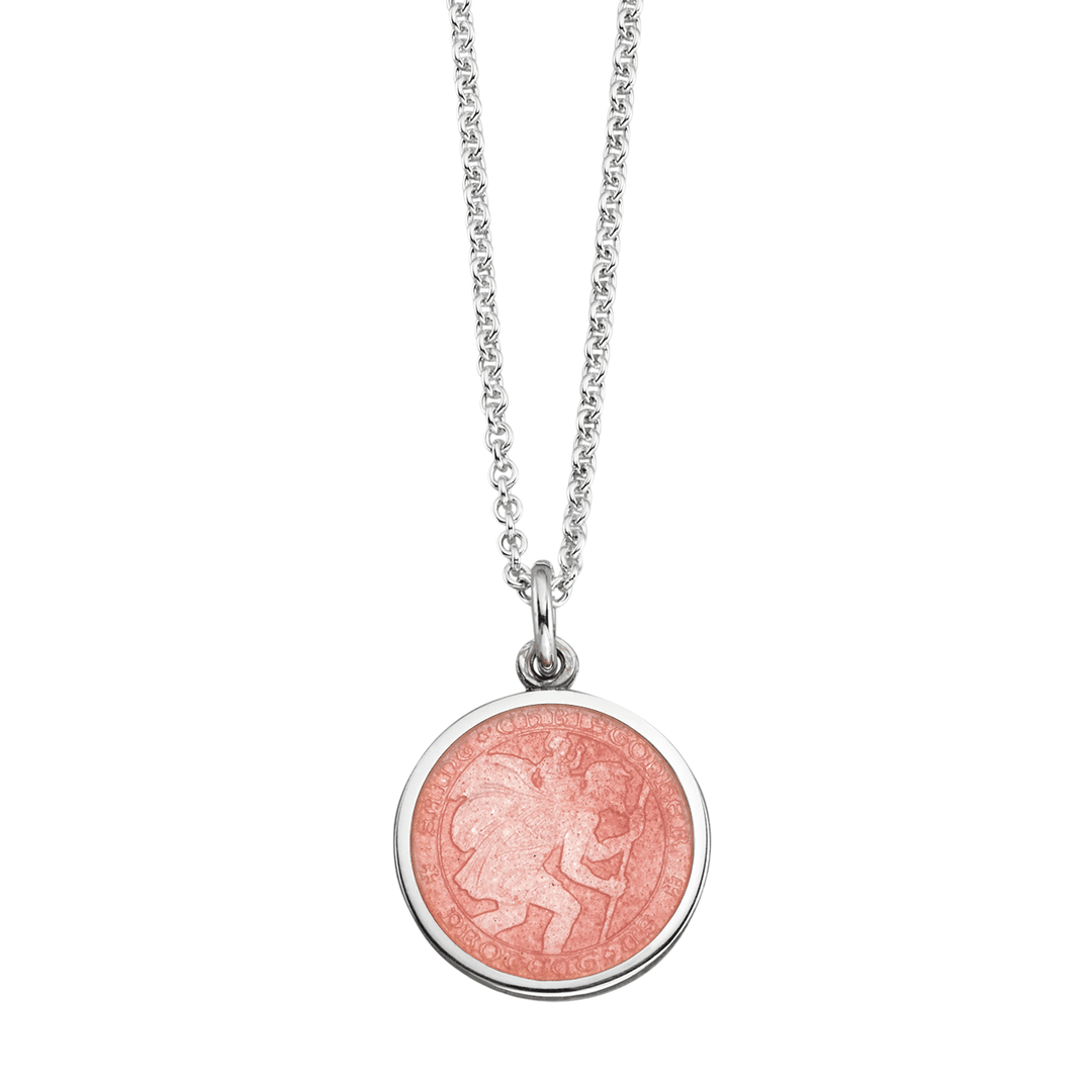 St. Christopher Pink Enamel Medal With Chain