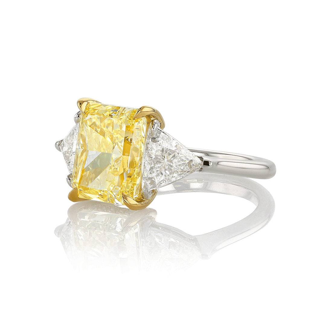 Hamilton Silhouette Collection Platinum and 4.61 Total Weight Fancy Yellow Radiant Cut Diamond Engagement Three Stone Ring