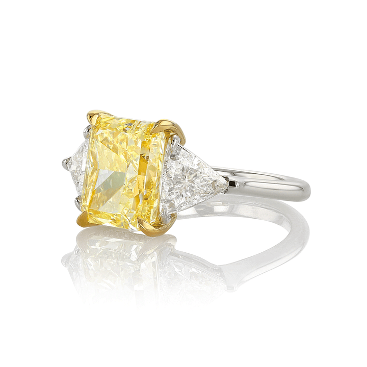 Hamilton Silhouette Collection Platinum and 4.61 Total Weight Fancy Yellow Radiant Cut Diamond Engagement Three Stone Ring