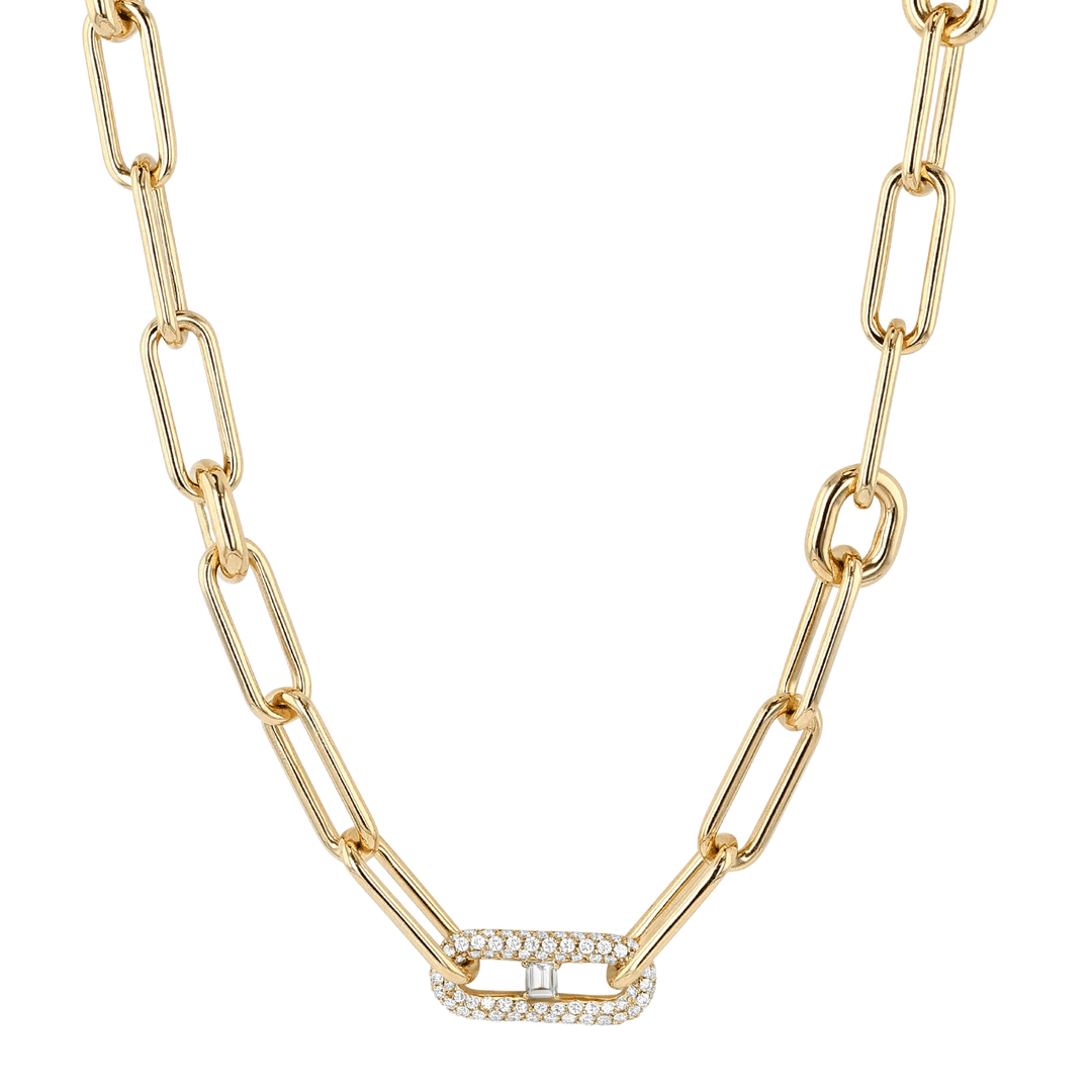 18k Yellow Gold 18 Inch Long Link and Diamond Necklace