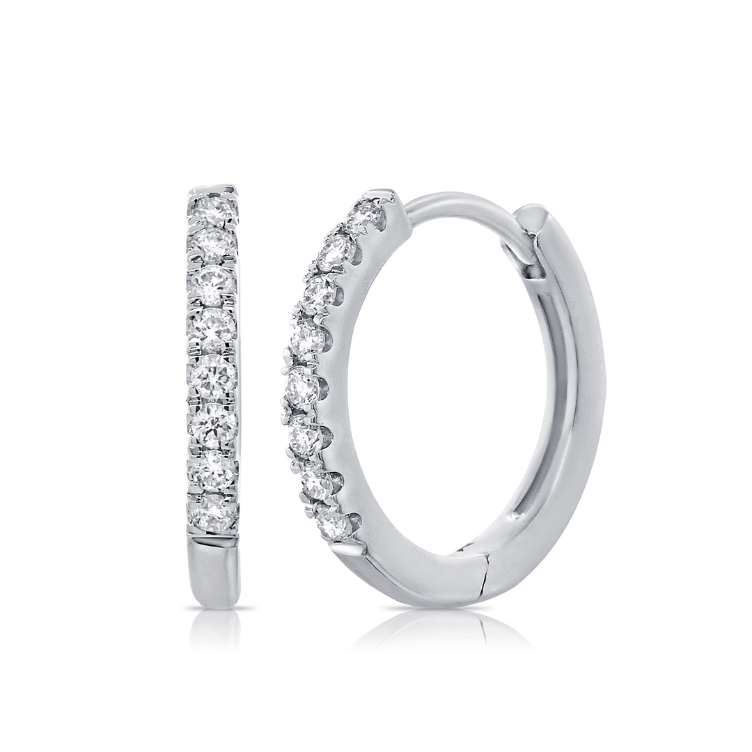 14k White Gold and Diamond .12 Total Weight Huggie Hoops