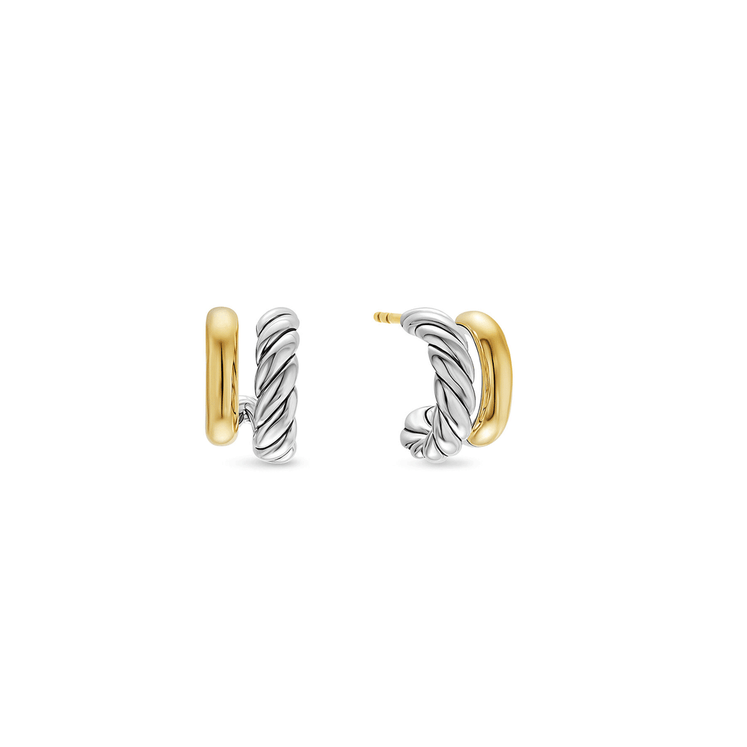 David Yurman Mercer Double Hoop Huggie Earrings Sterling Silver with 18k Yellow Gold, 13.5mm