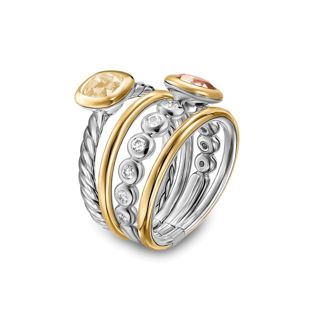 David Yurman DY Mercer® Color Stone Multi Row Ring Sterling Silver with 18K Yellow Gold, Blue Topaz and Diamonds