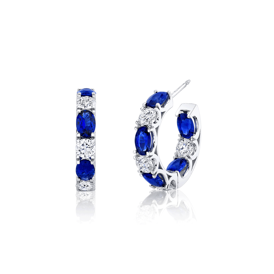 18k White Gold Oval Sapphires 2.68 Total Weight and Diamond In and Out Hoops