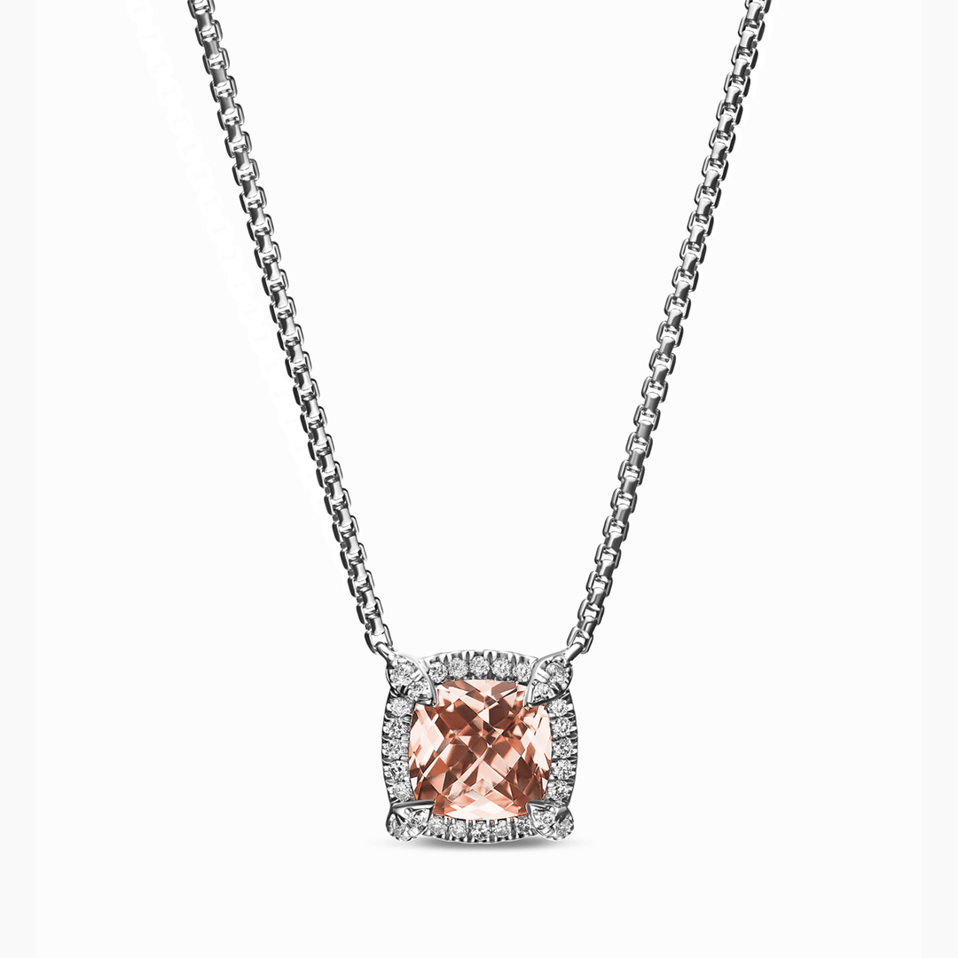 David Yurman Petite Chatelaine Pavé Bezel Pendant Necklace Sterling Silver with Morganite and Diamonds, 7mm