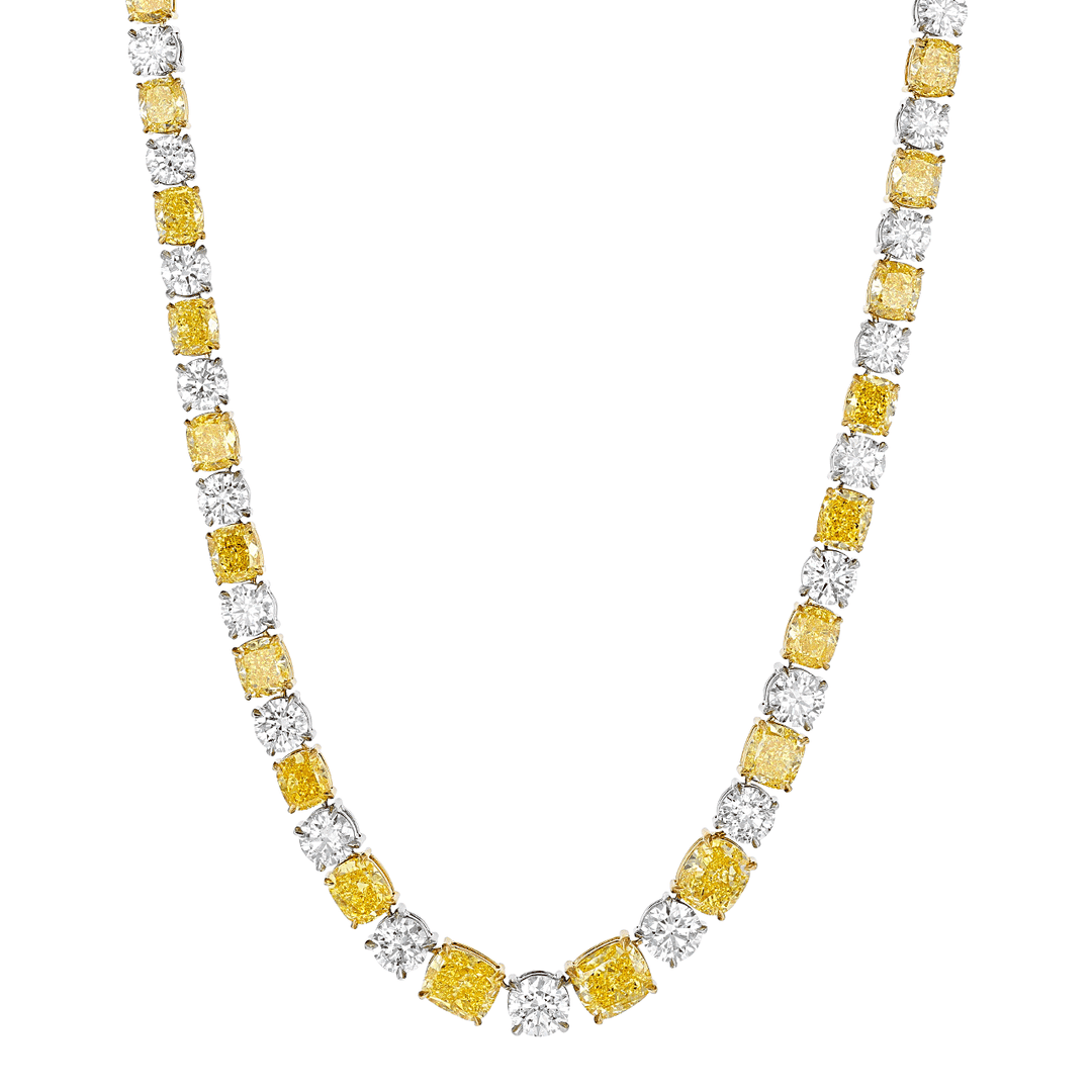 Platinum 18k Gold and Fancy Yellow Cushion Cut 21.86 Total Weight Necklace