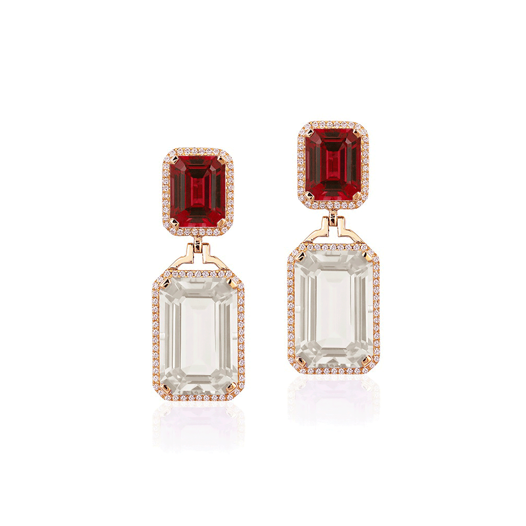 Goshwara Gossip 18k Yellow Gold Rock Crystal and Garnet Drop Earrings