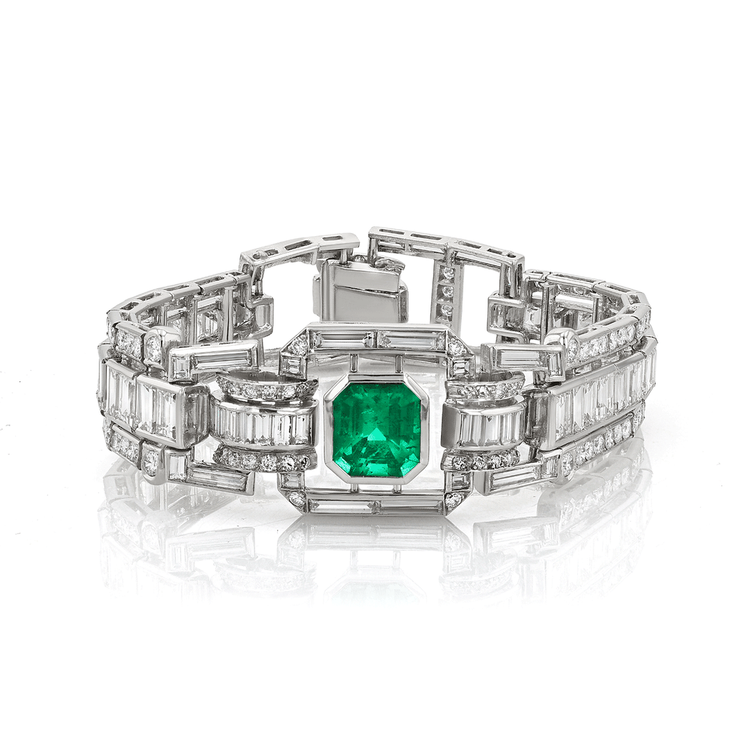 Platinum Emerald Cut Emerald and Diamond Art Deco Style Bracelet