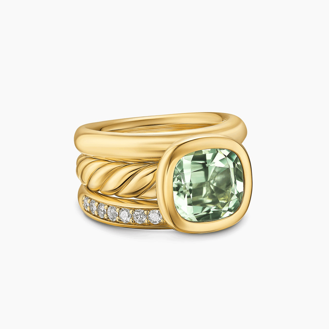 David Yurman Mercer Three Row Stone Ring 18k Yellow Gold with Prasiolite and Diamonds, 12mm