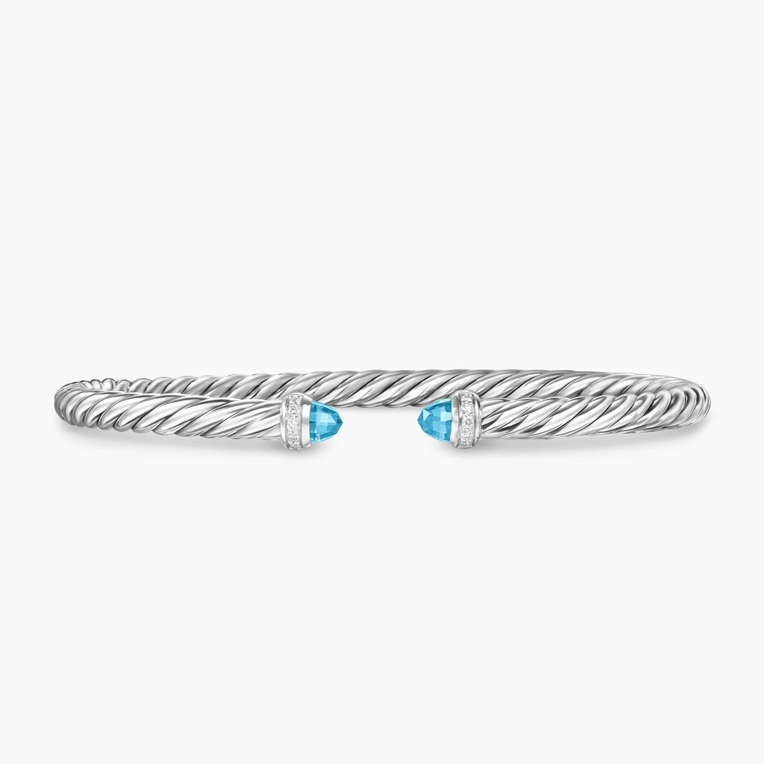 David Yurman Cable Flex Bracelet Sterling Silver with Blue Topaz and Diamonds, 4mm