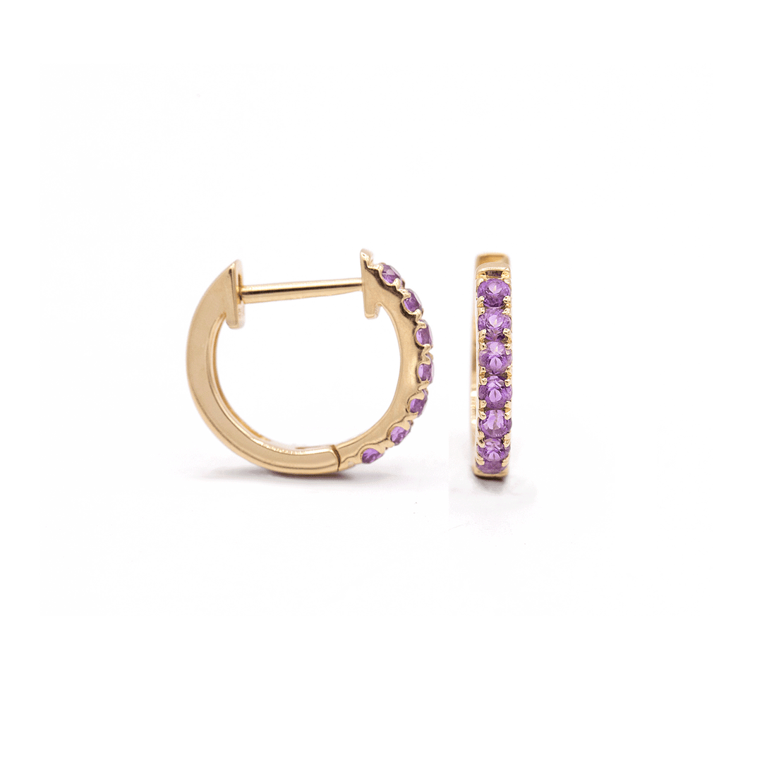 14k Yellow Gold Mini Amethyst Huggie Hoops