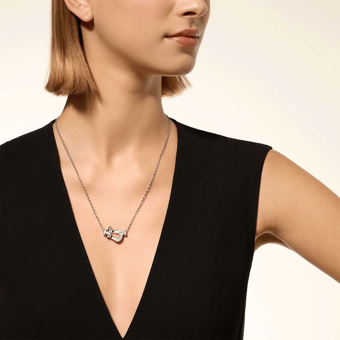 FRED Force 10 18k White Gold and Half Diamond Large Buckle Necklace