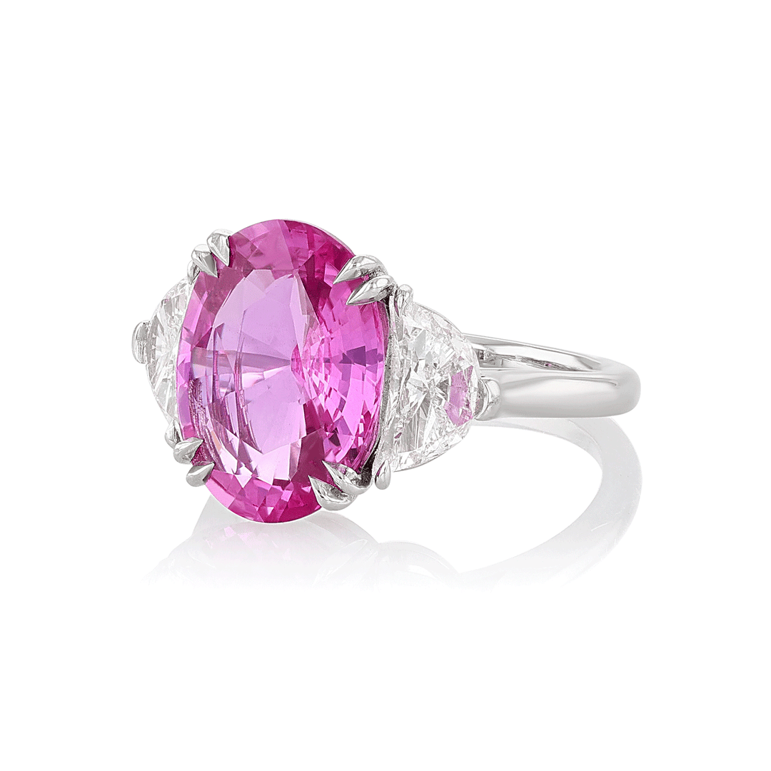 Platinum Oval Purple-Pink Sapphire 5.82 Total Weight and Diamond Ring