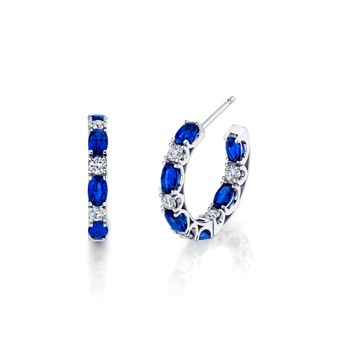 18k Gold Ceylon Sapphire 3.46 Total Weight and Diamond Hoops