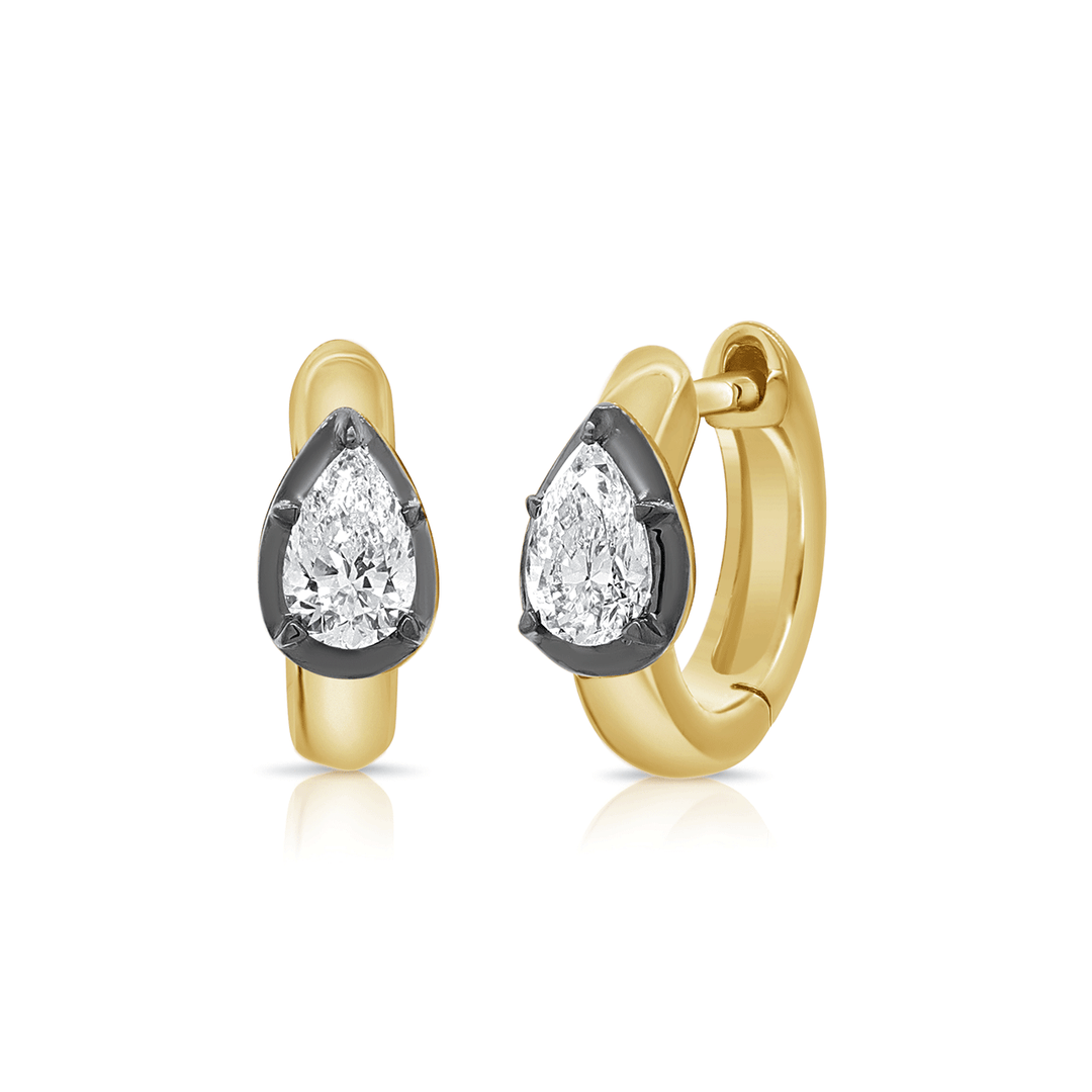 14k Yellow Gold and Pear Shape Diamond .32 Total Weight Huggie Hoops