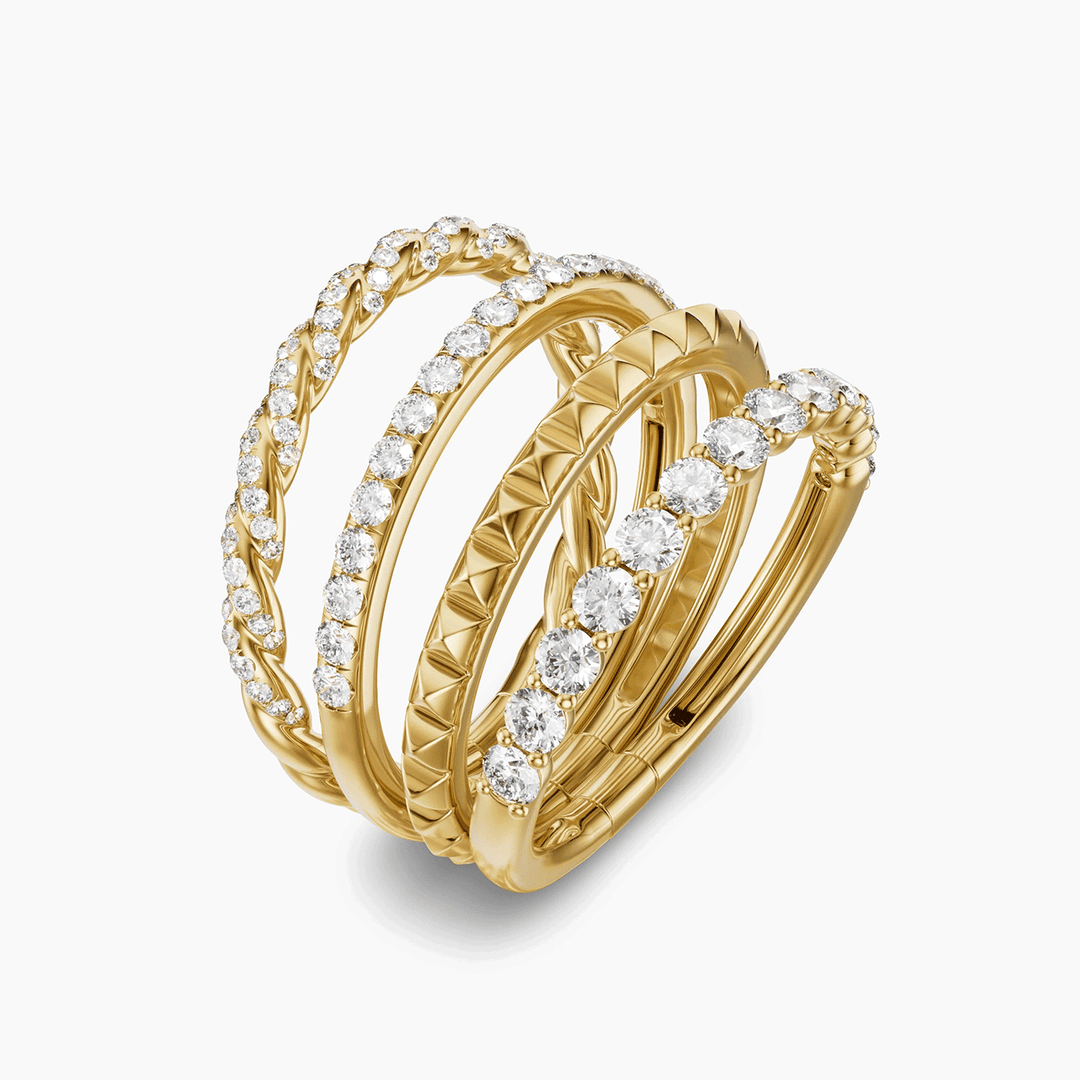 David Yurman Petite Pavé Four Row Pyramid Ring 18K Yellow Gold with Diamonds, 8.6mm