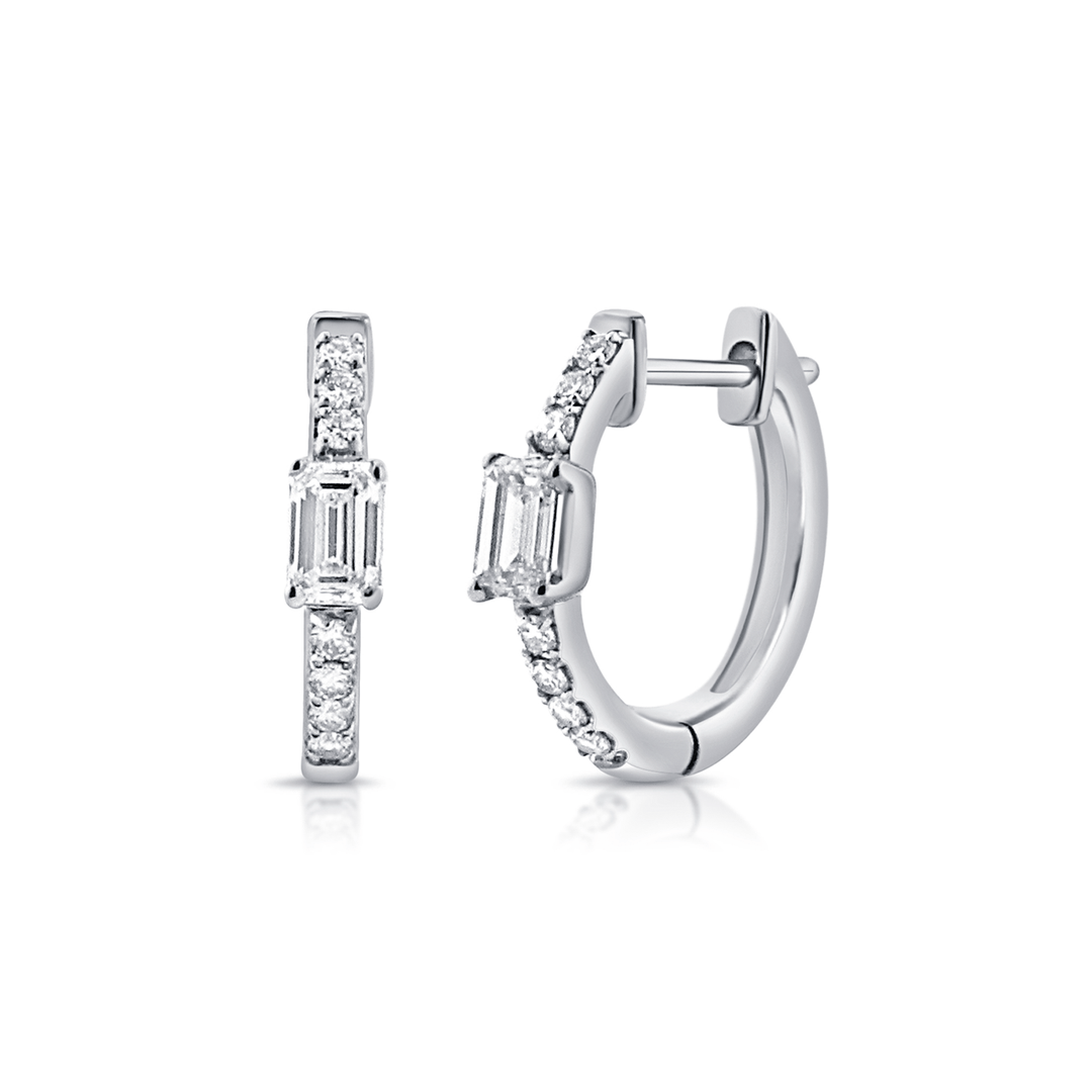 14k White Gold Round and Emerald Cut Diamond Hoops