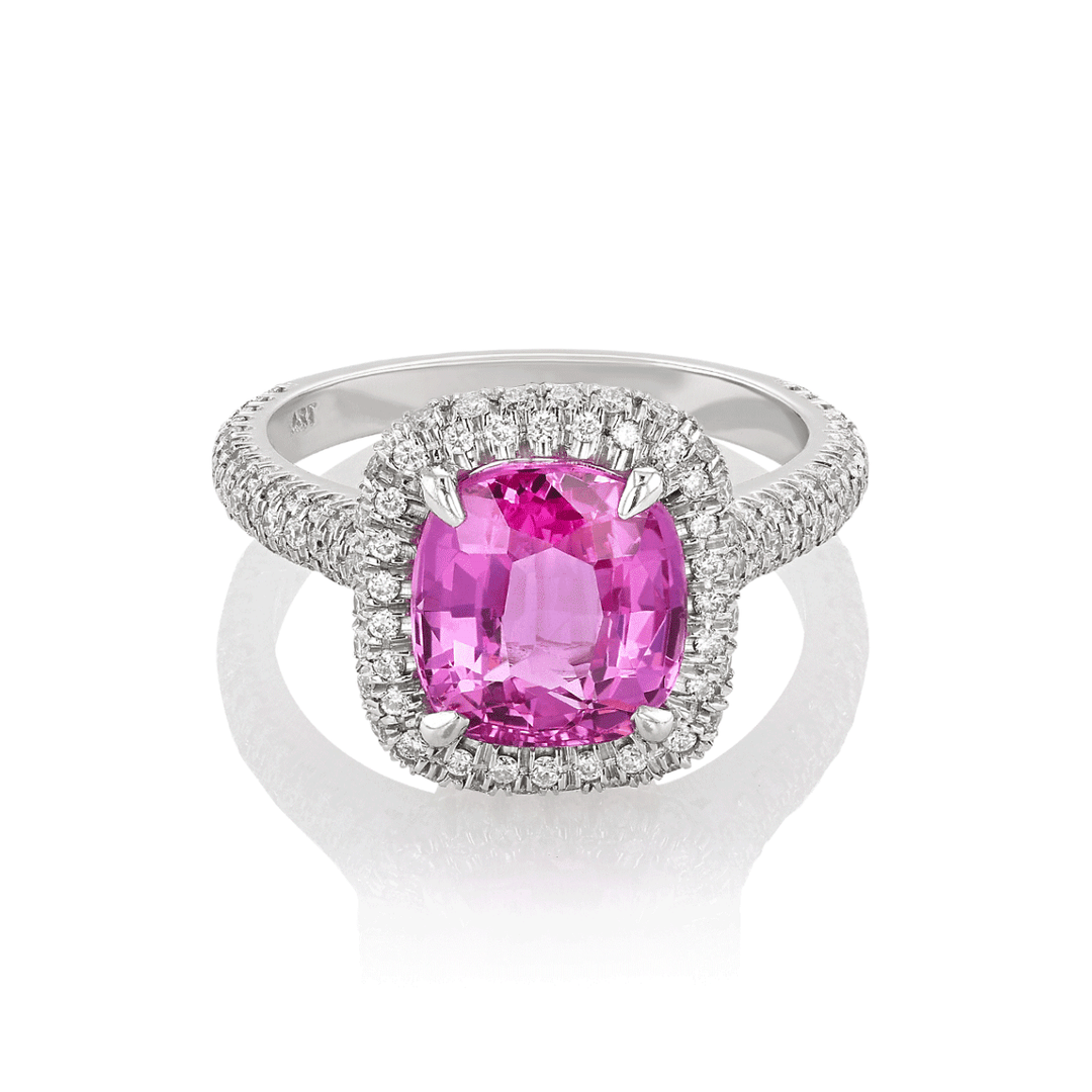 18k White Gold and 3.94 Total Weight Cushion Pink Sapphire Ring