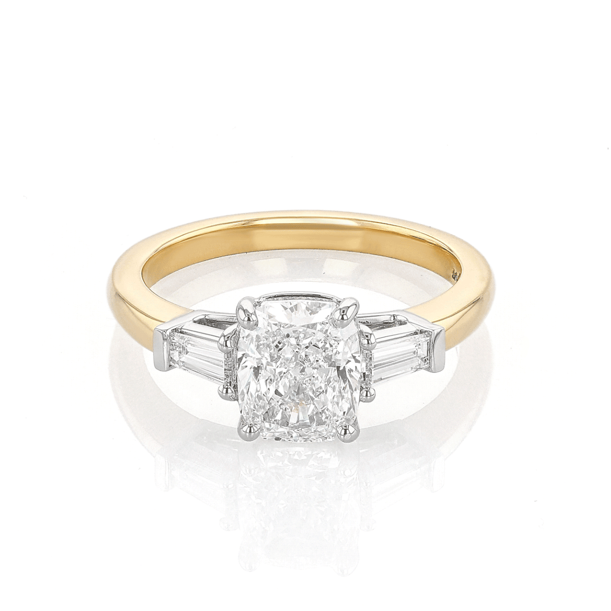 18k Yellow Gold Three Stone Cushion DIamond 2.01 Total Weight Engagement RIng