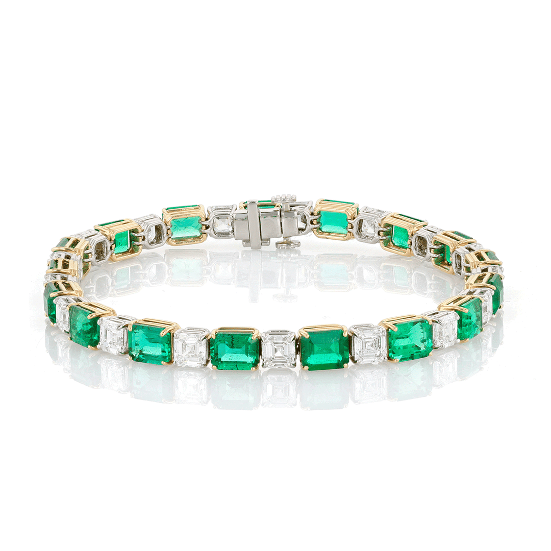 Platinum 18k Gold and Emerald Cut Emerald 12.59 and Diamond Bracelet