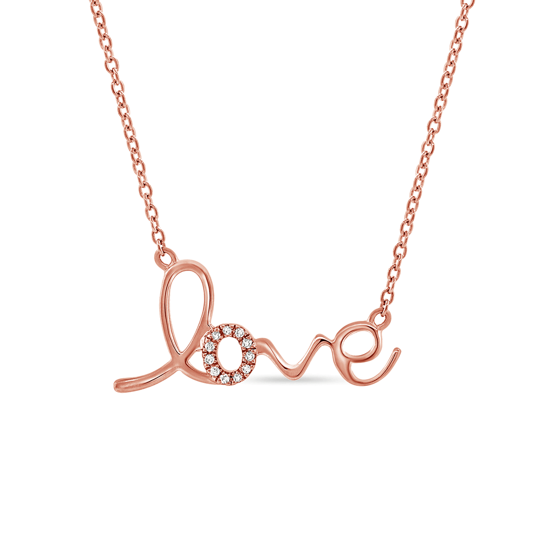14k Rose Gold and Diamond Script Love Necklace