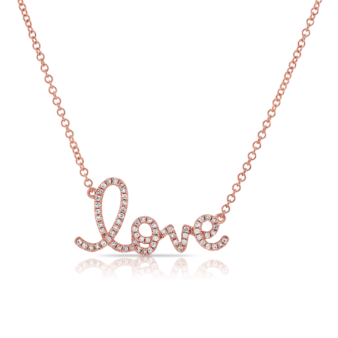 14k Rose Gold and Script Love Diamond .30 Total Weight Necklace