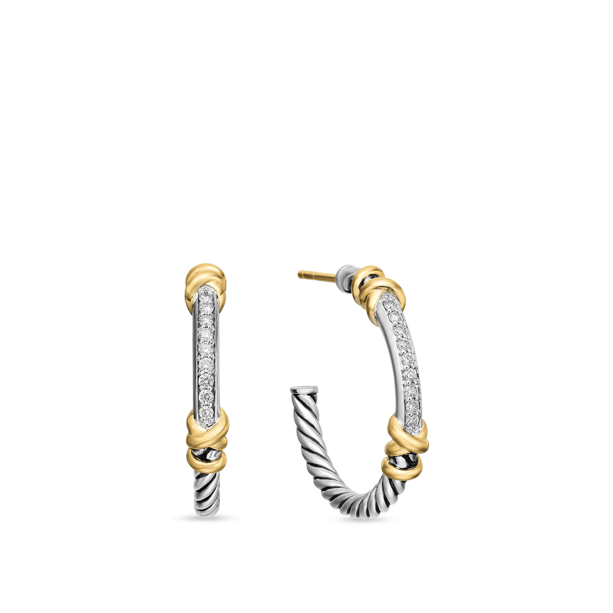 David Yurman Petite Helena Wrap Hoop Earrings Sterling Silver with 18K Yellow Gold and Diamonds, 1in