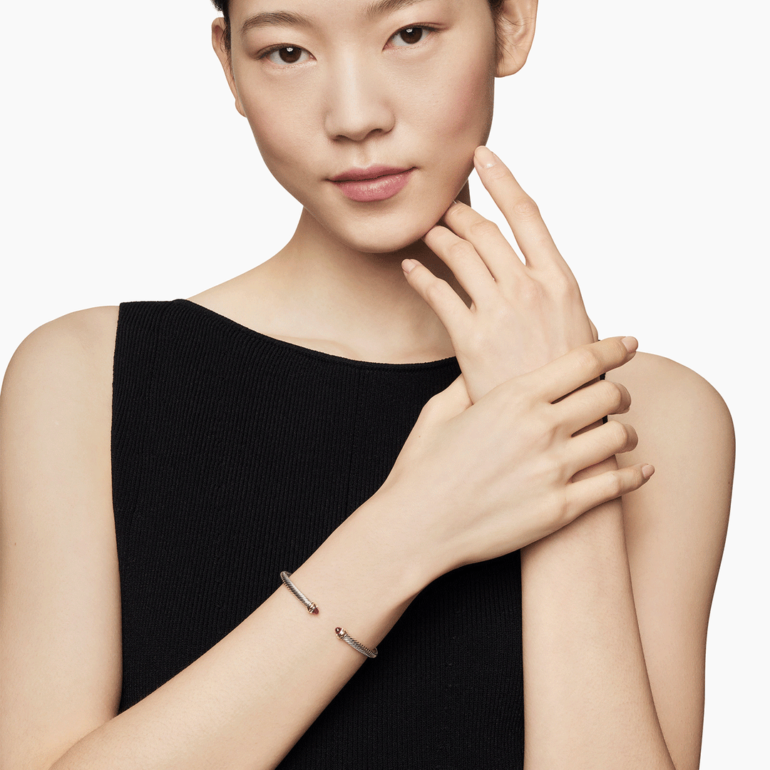 David Yurman Classic Cable Bracelet Sterling Silver with 18k Yellow Gold and Garnets, 4mm