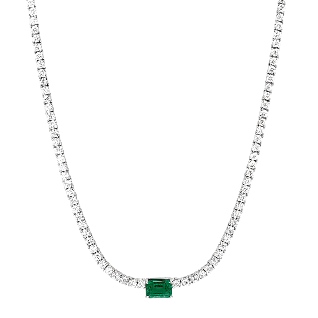 18k Gold Diamond and Emerald 1.46 Total Weight 18 Inch Necklace