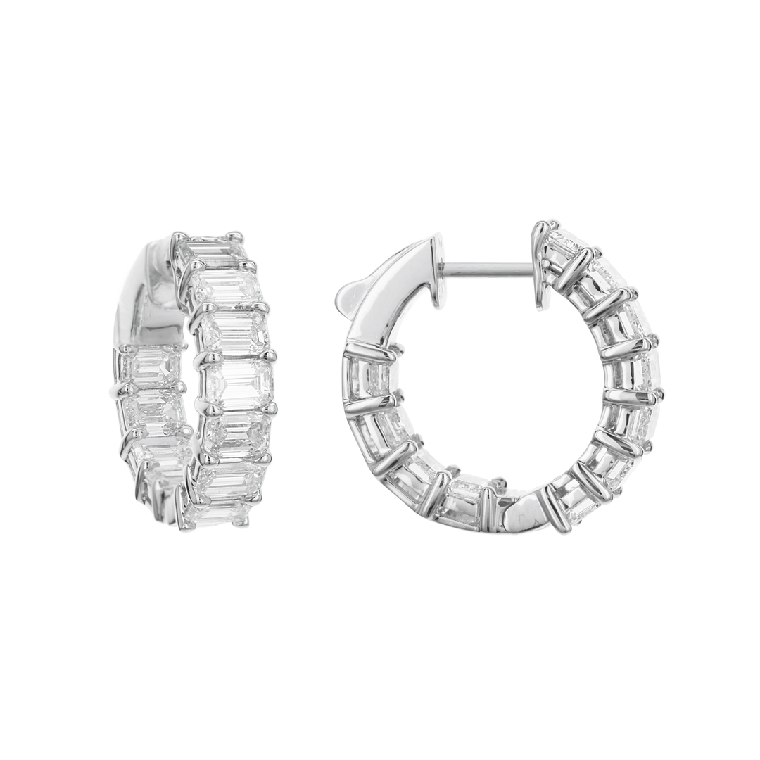 18k Gold 5.25 Total Weight Emerald Cut Diamond Hoops